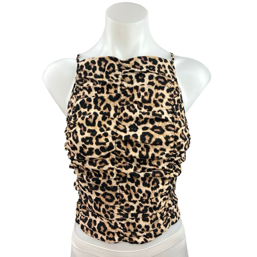 H&M Beige Black Leopard High Neck Sleeveless Smocked Crop Tank Top Size Ma
